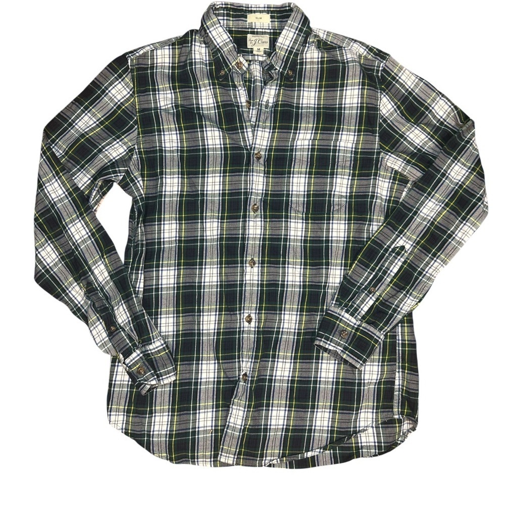 J.Crew Men’s Slim Fit Plaid Button Down Shirt M Green Yellow Tartan Madras